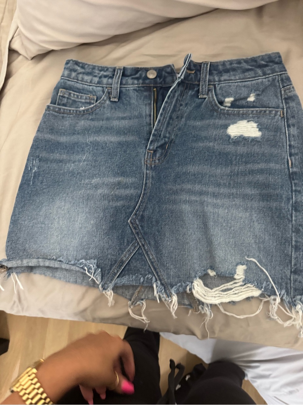 Classic Blue Distressed Denim Mini Skirt